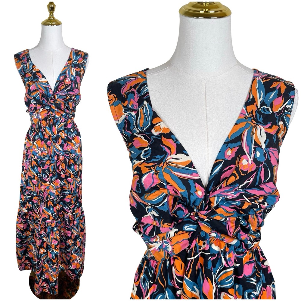 French Connection Twist Front Dress Women XL Multi Floral Sleeveless Maxi V-Neck